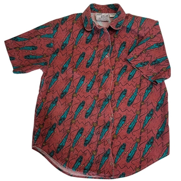 Vintage Tops - Vintage Mine & Bills Outfitters Feather Print Western Button Down Size S